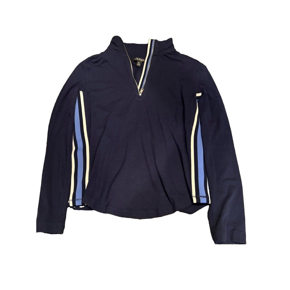 Lauren Ralph Lauren Women's Navy Quarter Zip Stripe Pullover Knit Retro Size S